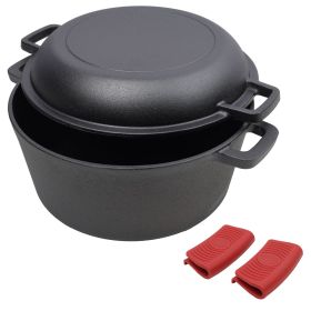 2 in 1 Pre-Seasoned Cast Iron Dutch Oven With Dual Handles, Outdoor Camping Deep Pot for Camping Fireplace Cooking BBQ Baking Campfire (Color: as Pic)