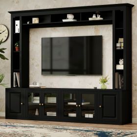 4-Piece Modern Entertainment Center Wall Unit With Bookshelves, All-in-1 Large TV Stand With Tempered Glass Door For TVs Up To 80, 92inch Media C (Option: Black)